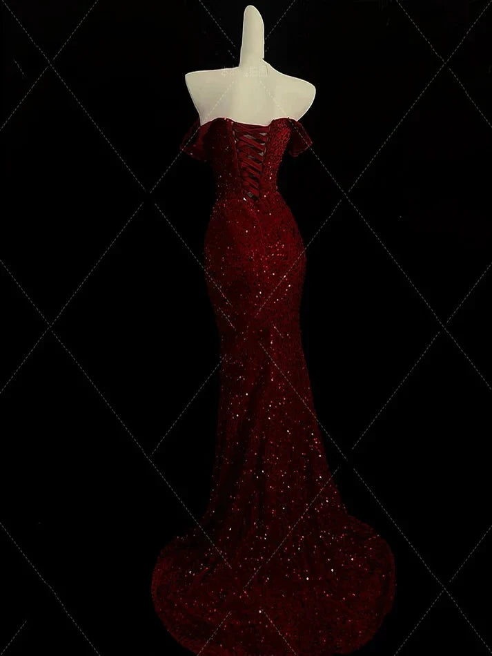 Classy Mermaid Sweetheart Red Slit Sequin Long Evening Gowns Prom Dress
