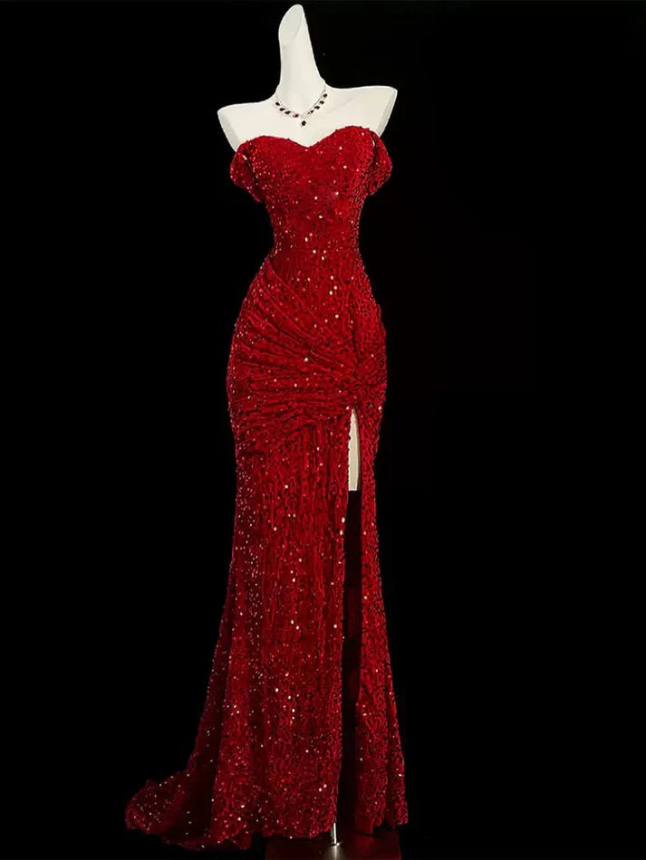 Classy Mermaid Sweetheart Red Slit Sequin Long Prom Gown Prom Dresses Main image