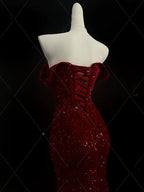 Classy Mermaid Sweetheart Red Slit Sequin Long Prom Gown Prom Dresses