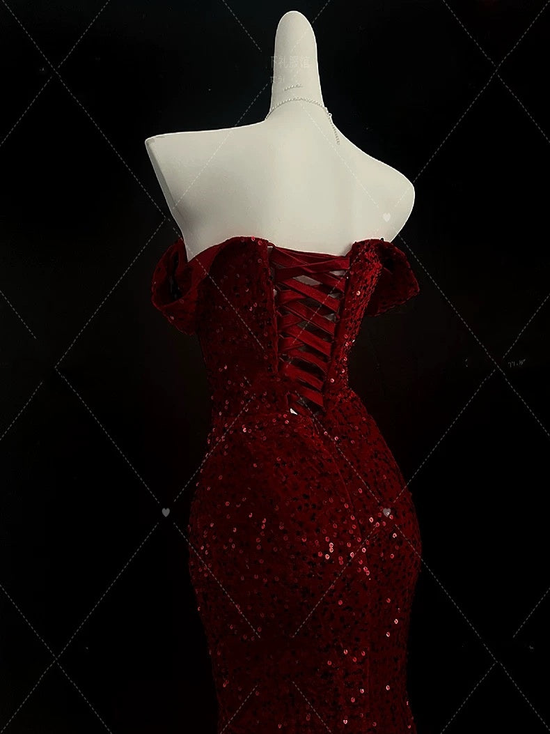 Classy Mermaid Sweetheart Red Slit Sequin Long Prom Gown Prom Dresses