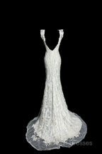 Classy Mermaid V Neckline Lace Ivory Long Wedding Dresses Bridal Dress