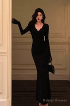 Classy Mermaid V Neckline Long Sleeves Black Prom Dresses Birthday Outfits