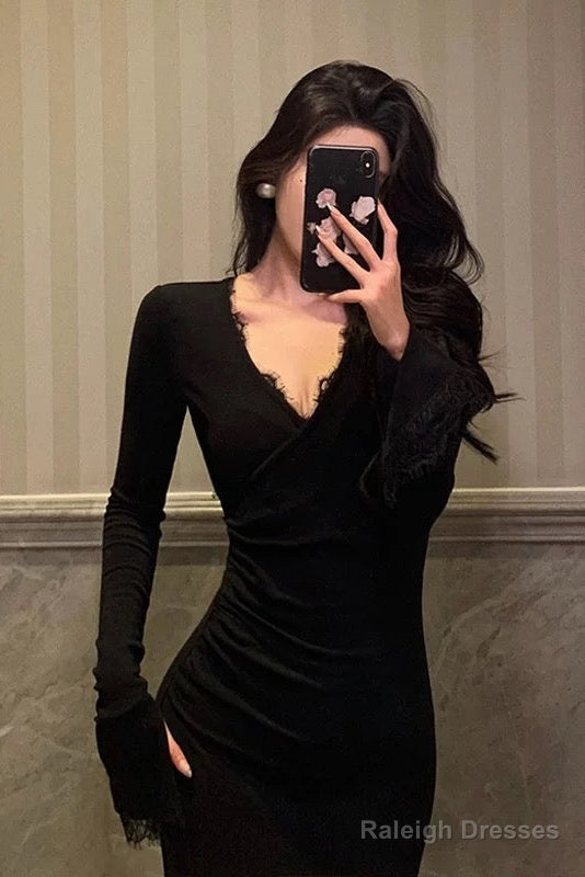 Classy Mermaid V Neckline Long Sleeves Black Prom Dress Birthday Outfits