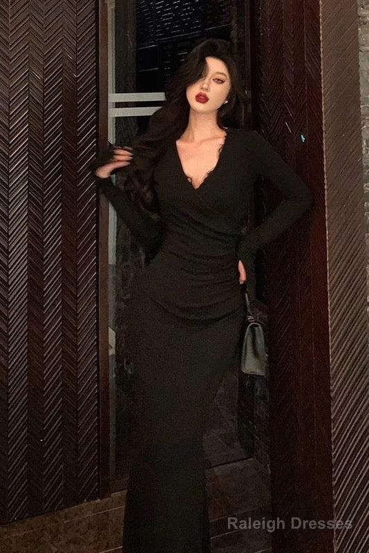 Classy Mermaid V Neckline Long Sleeves Black Prom Dress Birthday Outfits