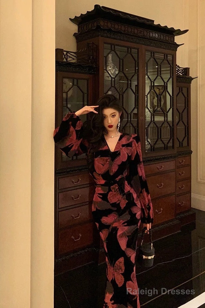 Classy Mermaid V Neckline Long Sleeves Black Velvet Pink Butterfly Prom Dresses Birthday Outfits