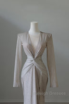 Classy Mermaid V Neckline Long Sleeves Sequin Ruffles Long Evening Dress Prom Dresses