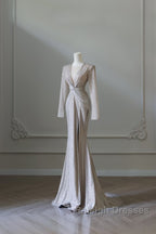 Classy Mermaid V Neckline Long Sleeves Sequin Ruffles Long Evening Dress Prom Dresses