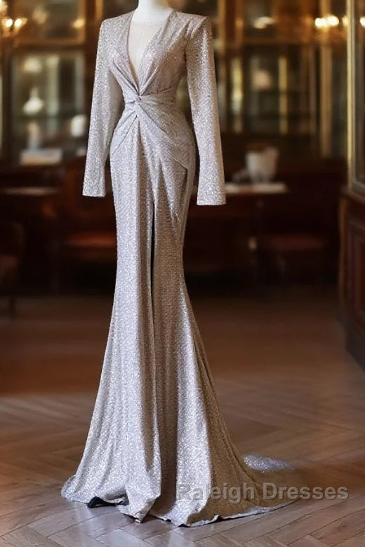Classy Mermaid V Neckline Long Sleeves Sequin Ruffles Long Evening Dress Prom Dresses