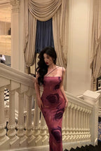 Classy Sheath Floral Pink Prom Dresses Birthday Outfits Evening Gown