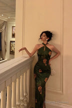 Classy Sheath Halter Green Slit Prom Dresses Birthday Outfits Evening Gown