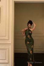 Classy Sheath Halter Green Slit Prom Dresses Birthday Outfits Evening Gown