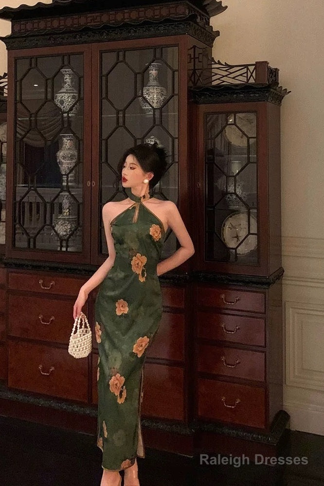 Classy Sheath Halter Green Slit Prom Dresses Birthday Outfits Evening Gown