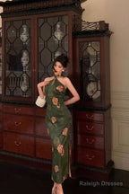 Classy Sheath Halter Green Slit Prom Dresses Birthday Outfits Evening Gown