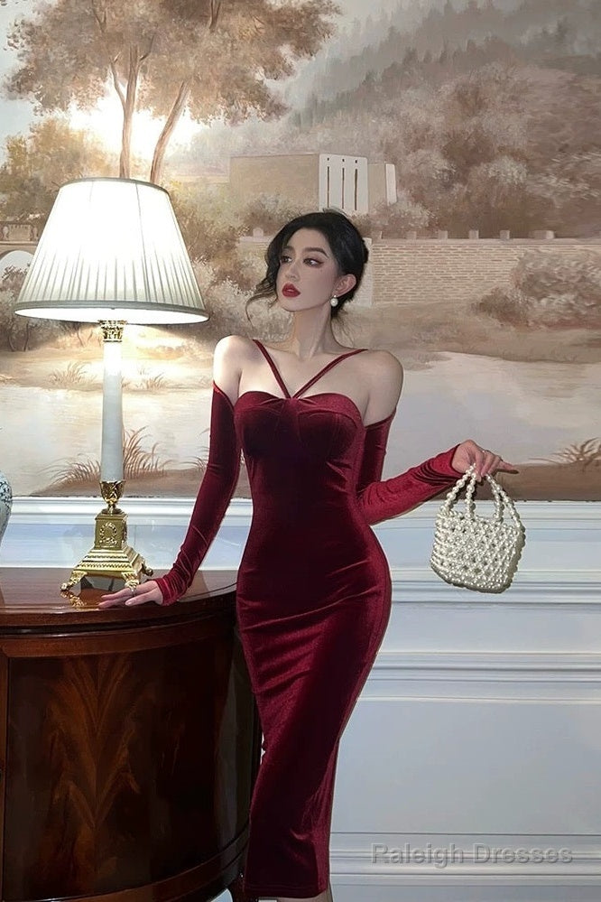 Classy Sheath Halter Neckline Burgundy Velvet Prom Dresses Birthday Outfits Evening Gown