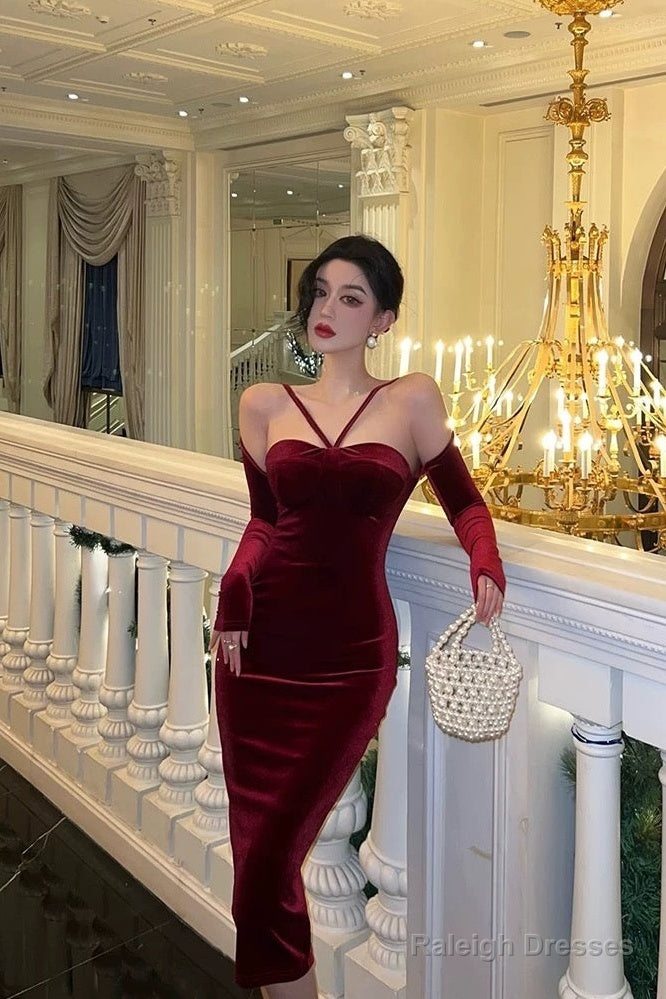 Classy Sheath Halter Neckline Burgundy Velvet Prom Dresses Birthday Outfits Evening Gown Main image