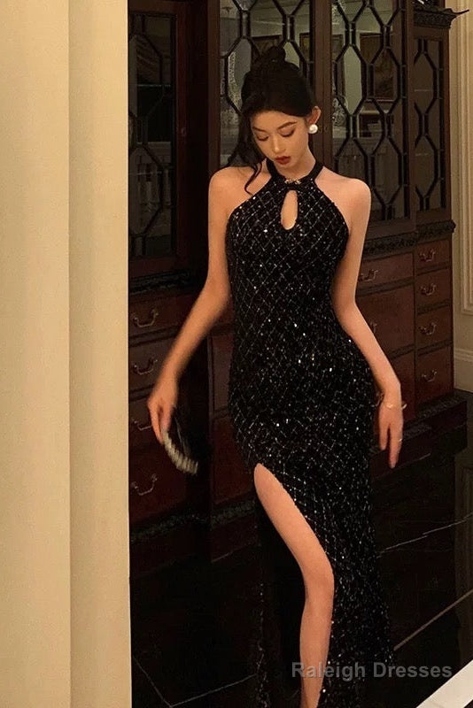 Classy Sheath Halter Sleeveless Black Sequin Prom Dresses Birthday Outfits