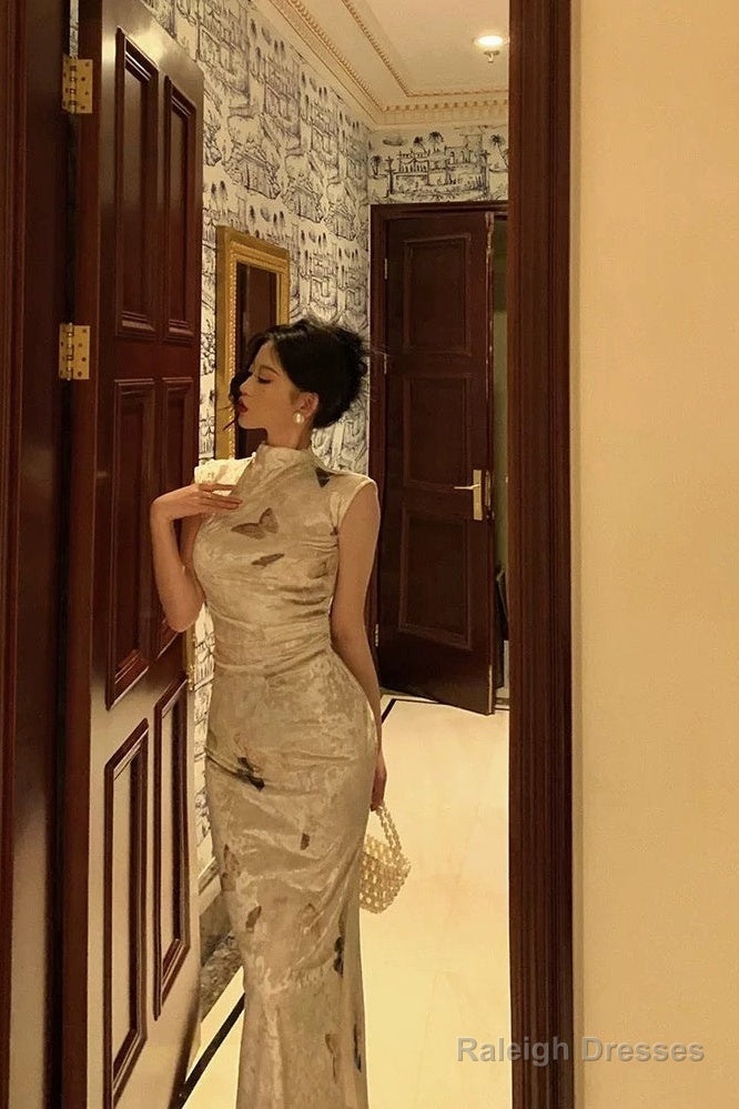 Classy Sheath High Neckline Velvet Flora Prom Dresses Birthday Outfits Evening Gown