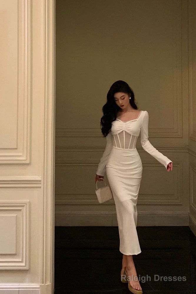 Classy Sheath Long Sleeves White Prom Dresses Birthday Outfits Evening Gown Secondary image