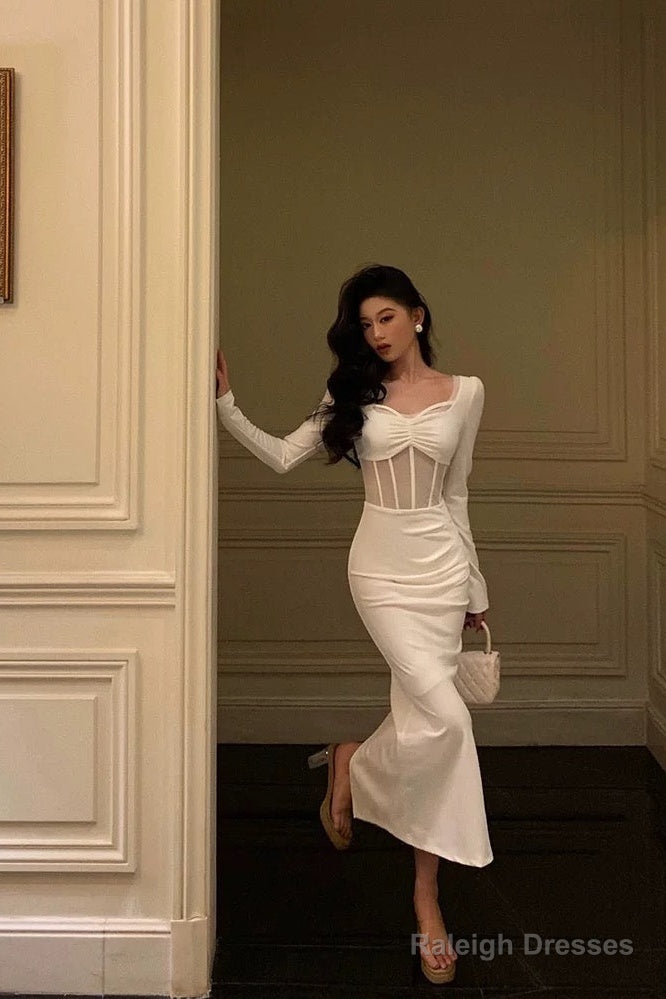 Classy Sheath Long Sleeves White Prom Dresses Birthday Outfits Evening Gown