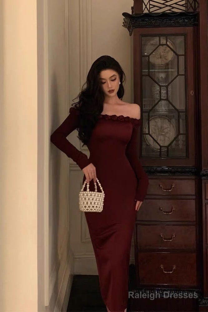 Classy Sheath Off The Shoulder Burgundy Long Sleeves Prom Dresses Birthday Outfits Evening Gown Secondary image