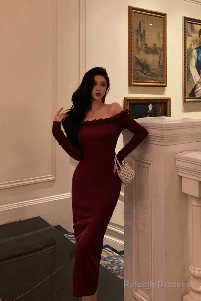 Classy Sheath Off The Shoulder Burgundy Long Sleeves Prom Dresses Birthday Outfits Evening Gown