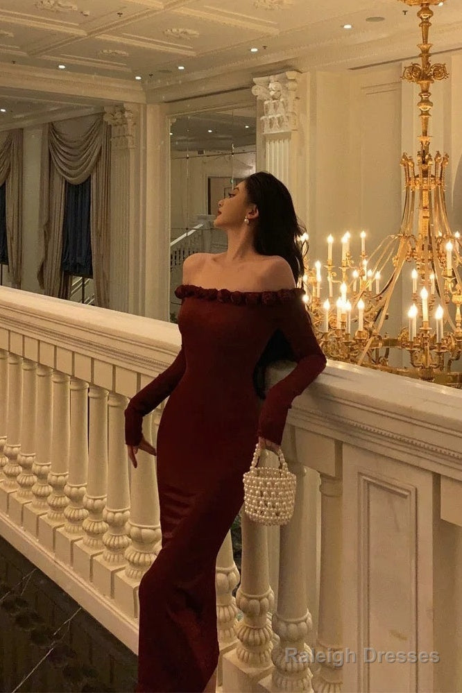 Classy Sheath Off The Shoulder Burgundy Long Sleeves Prom Dresses Birthday Outfits Evening Gown Main image