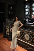 Classy Sheath Off The Shoulder Dusty Green Ruffles Prom Dresses Birthday Outfits