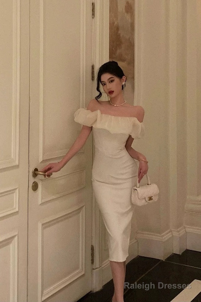 Classy Sheath Off The Shoulder White Prom Dresses Birthday Outfits Main image