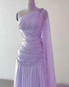 Classy Sheath One Shoulder Pink Long Chiffon Prom Gowns Prom Dress