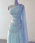 Classy Sheath One Shoulder Pink Long Chiffon Prom Gowns Prom Dress