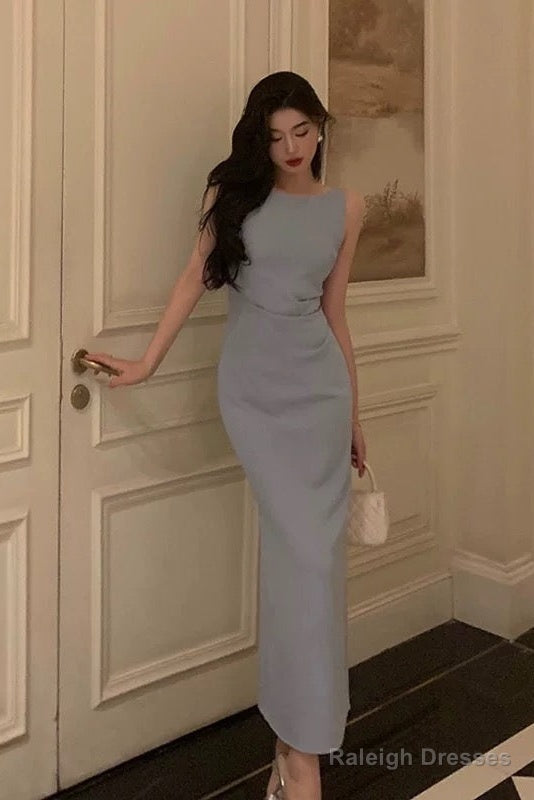 Classy Sheath Scoop Neckline Blue Prom Dresses Birthday Outfits Evening Gown