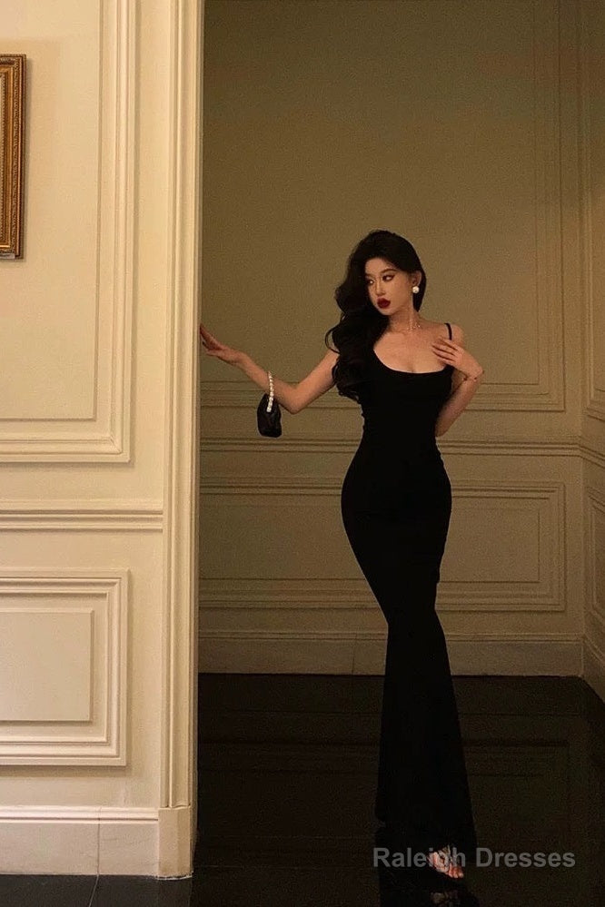 Classy Sheath Spaghetti Straps Black Long Prom Dresses Birthday Outfits Secondary image