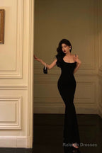 Classy Sheath Spaghetti Straps Black Long Prom Dresses Birthday Outfits