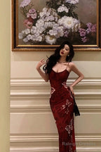 Classy Sheath Spaghetti Straps Burgundy Butterfly Prom Dresses Birthday Outfits