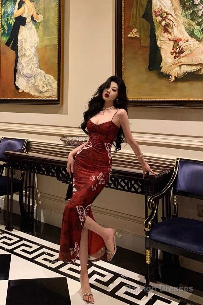 Classy Sheath Spaghetti Straps Burgundy Butterfly Prom Dresses Birthday Outfits