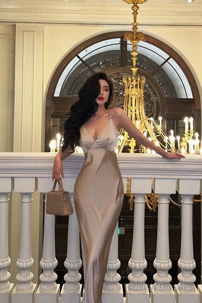 Classy Sheath Spaghetti Straps Champagne Prom Dresses Birthday Outfits Evening Gown