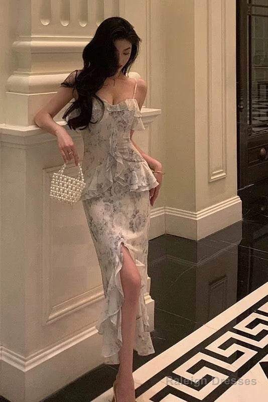 Classy Sheath Spaghetti Straps Chiffon Floral Prom Dresses Birthday Outfits Evening Gown