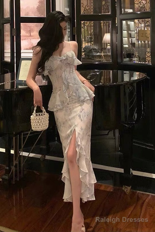 Classy Sheath Spaghetti Straps Chiffon Floral Prom Dresses Birthday Outfits Evening Gown Main image