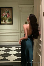 Classy Sheath Spaghetti Straps Dark Green Satin Prom Dresses Birthday Outfits Evening Gown