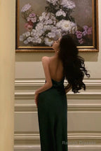 Classy Sheath Spaghetti Straps Dark Green Satin Prom Dresses Birthday Outfits Evening Gown