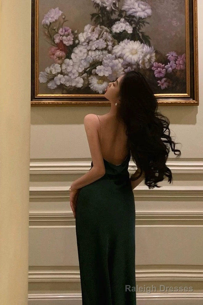 Classy Sheath Spaghetti Straps Dark Green Satin Prom Dresses Birthday Outfits Evening Gown