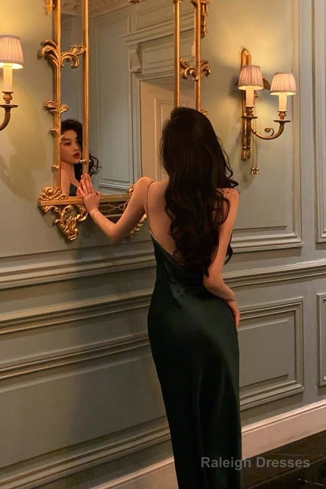 Classy Sheath Spaghetti Straps Dark Green Satin Prom Dresses Birthday Outfits Evening Gown Main image
