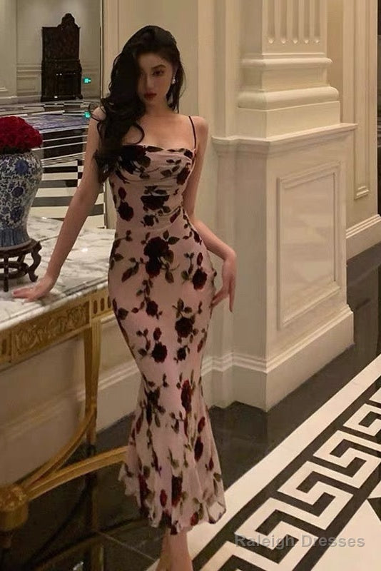 Classy Sheath Spaghetti Straps Floral Backless Prom Dresses Birthday Outfits Party Dress Main image