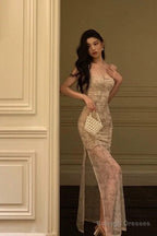 Classy Sheath Spaghetti Straps Floral Long Prom Dresses Birthday Outfits Evening Gown