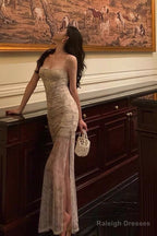 Classy Sheath Spaghetti Straps Floral Long Prom Dresses Birthday Outfits Evening Gown