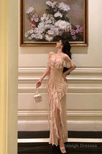 Classy Sheath Spaghetti Straps Floral Long Slit Prom Dresses Birthday Outfits Evening Gown