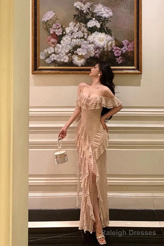 Classy Sheath Spaghetti Straps Floral Long Slit Prom Dresses Birthday Outfits Evening Gown