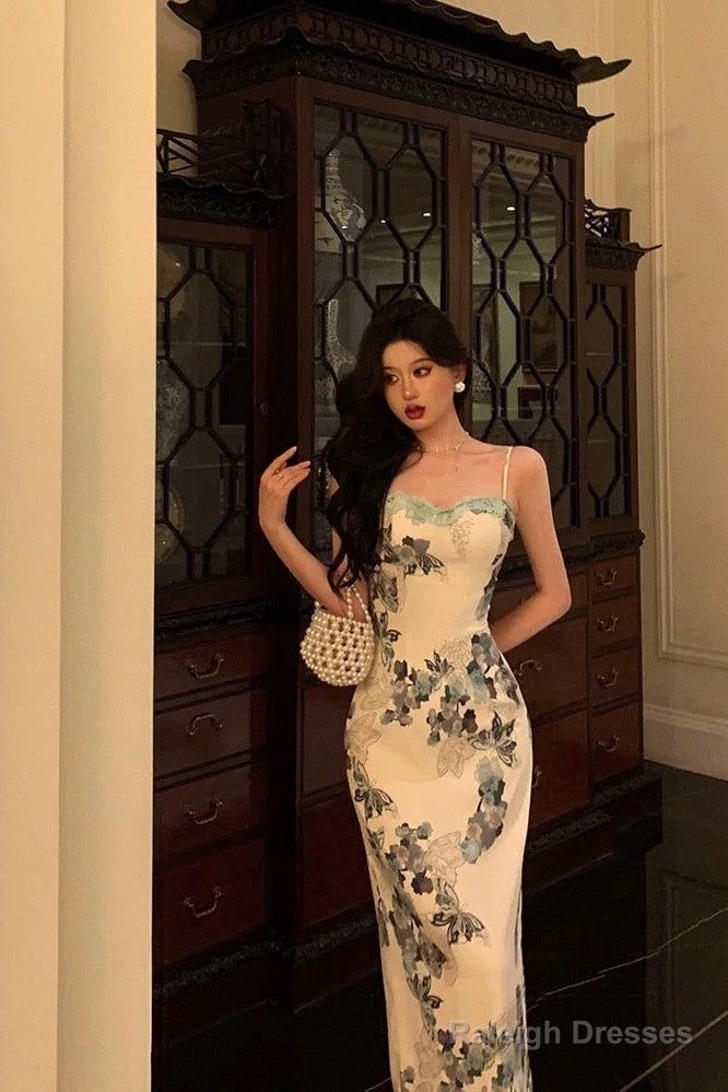 Classy Sheath Spaghetti Straps Floral Prom Dresses Birthday Outfits Evening Gown