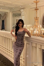 Classy Sheath Spaghetti Straps Grape Long Prom Dresses Birthday Outfits Evening Gown