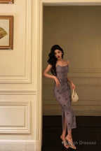 Classy Sheath Spaghetti Straps Grape Long Prom Dresses Birthday Outfits Evening Gown